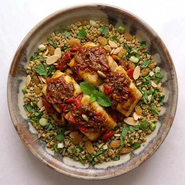Spicy Tagine Seared Fish with Herbed Bulgur Wheat